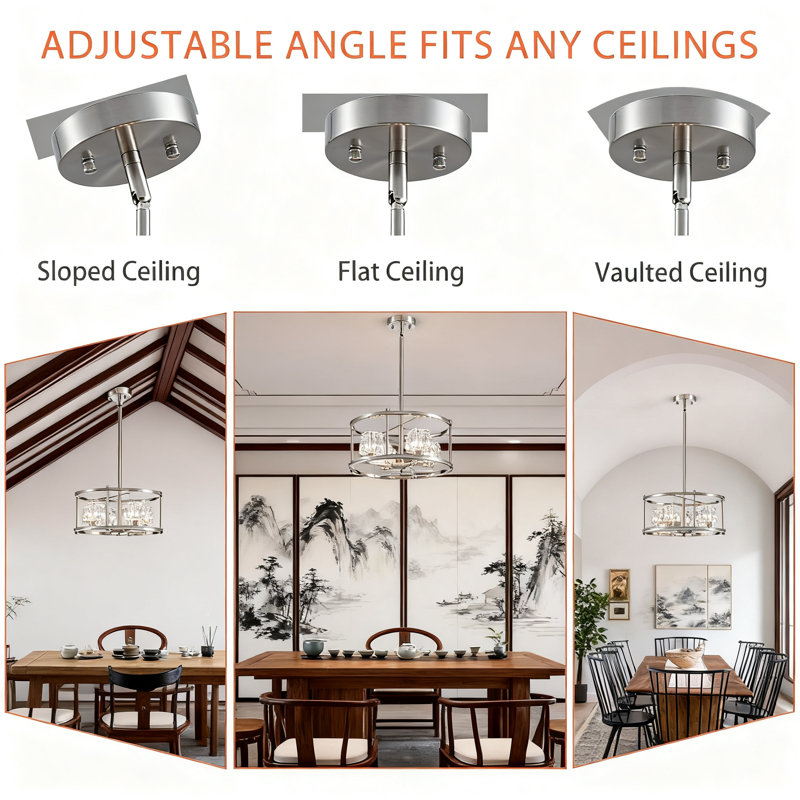 Luminaire suspendu moderne à 4 lumières avec abat-jour en nickel brossé à hauteur réglable pour cuisine, salle à manger et chambre à coucher