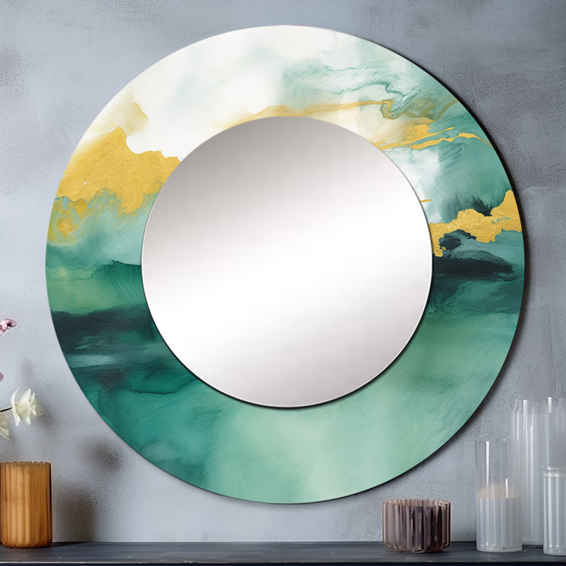 Miroir rond bleu à motif d'aquarelle et or III - Fractals, 29 po x 29 po