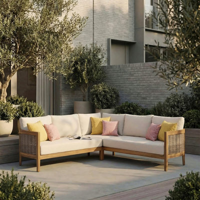 5-Seater Outdoor Patio Sofa Set, Solid Acacia Wood Frame Handcrafted Pe Rattan Conversation Furniture With Water Resistant Cushions, Classic Open Slat Design For Outdoor Living Space