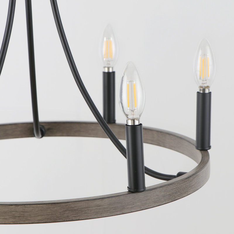 Lustre en roue de chariot à 6 lumières avec accents en fer forgé Richfield, Weathered Wood