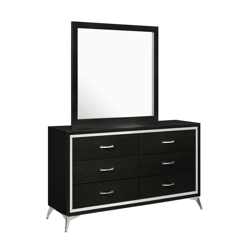 Commode double à 6 tiroirs l 58,35 po avec miroir Maxo, Noir, noir, noir, noir