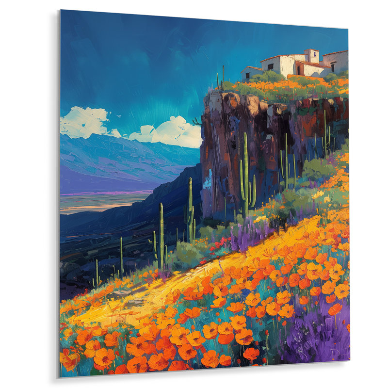 «Orange Blue Desert Cactus Landscape In Mexico III - Plants», reproduction d'art murale, Métal métal