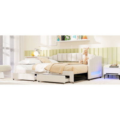 Twin Xl Size Extendable Upholstered Daybed, Beige, Led In , Two Storage Drawers, Good For Guest Accommodation Daybed With And Pine Wood Construction