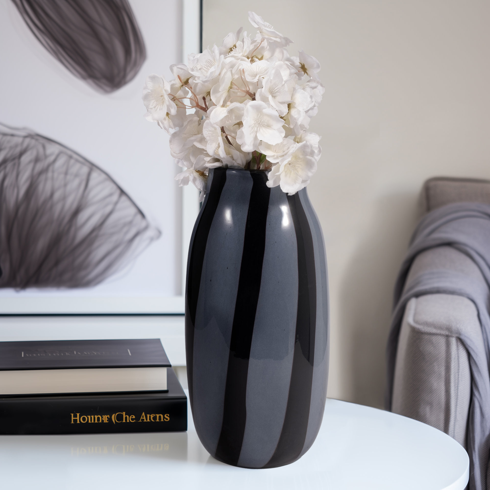 Mele Modern Striped Glass Vase, 12" H x 6" W x 5" D, Black/Gray