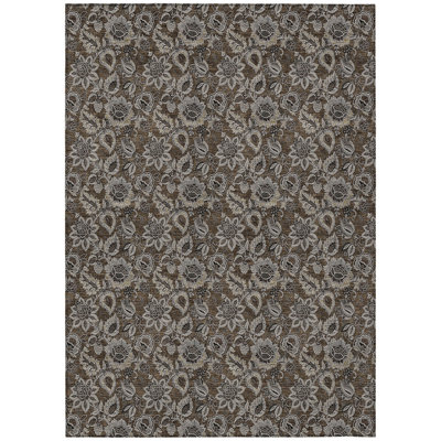 Tapis intérieur floral lavable 8 pi x 10 pi chocolat et gris anthracite