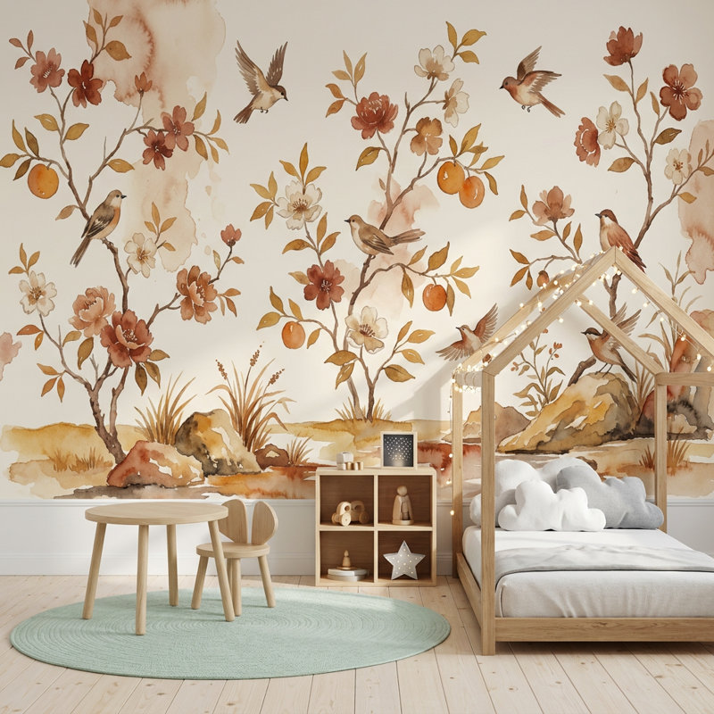 Papier peint aquarelle, branches florales, oiseaux, décoration murale amovible, 200 po x 120 po, Peler et coller