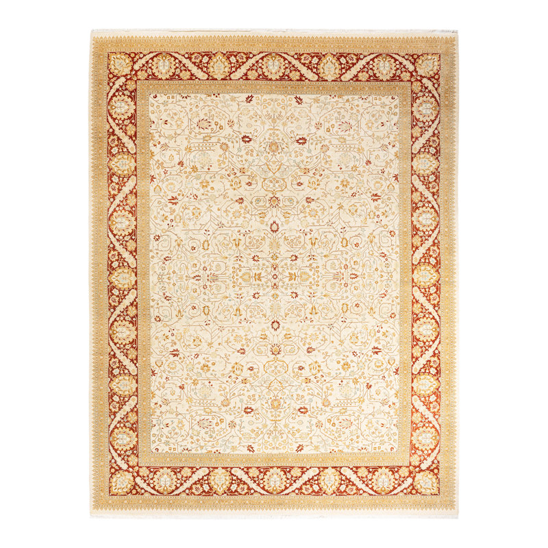 Tapis orange / bourgogne / ivoire noué à la main de conception unique 8 pi 2 po x 10 pi 7 po Hayner
