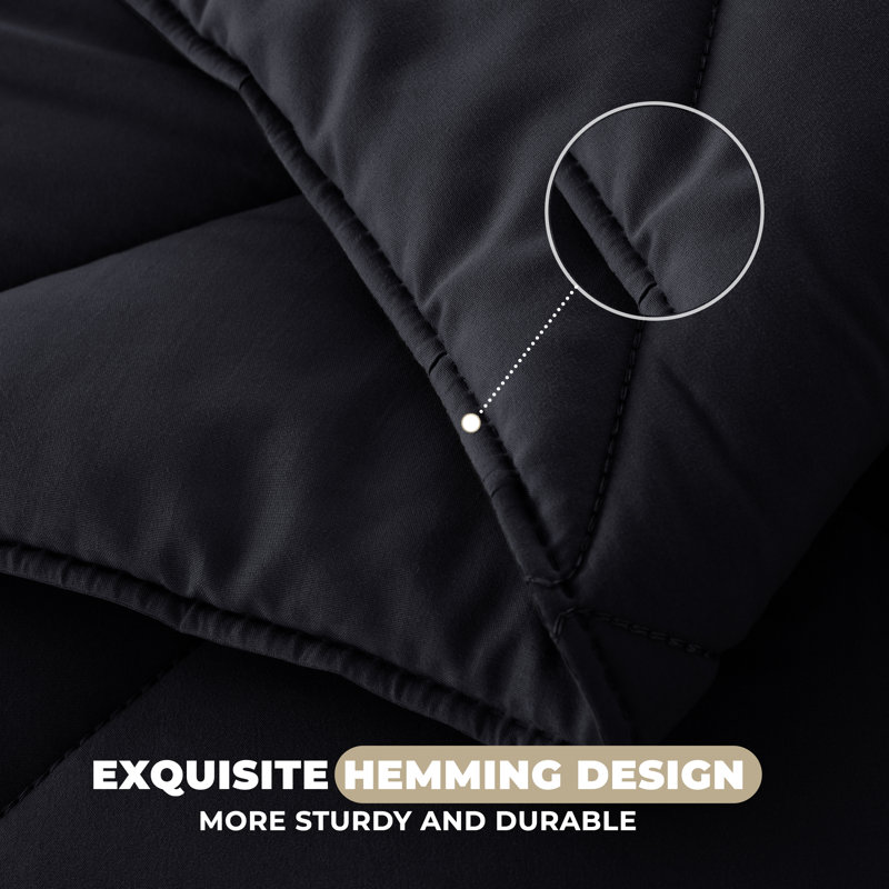 Down Alternative Microfiber Reversible Comforter Set - 3 Pcs All Season Diamond Pattern Comforter with Shams, Black, KIng