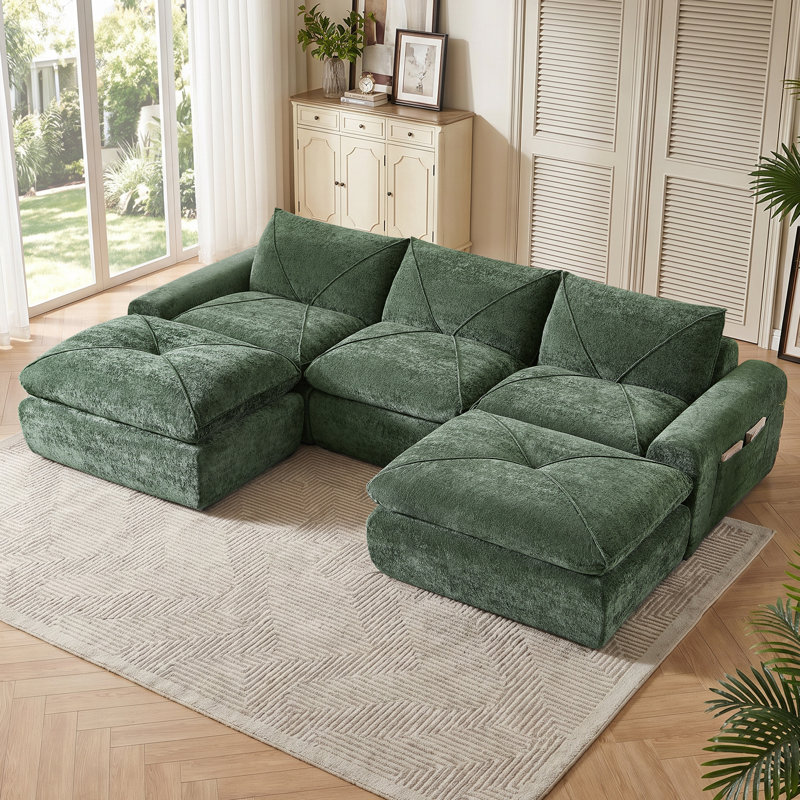 Canapés modulaires Boneless, Chenille verte, Forme en U (5 sièges)