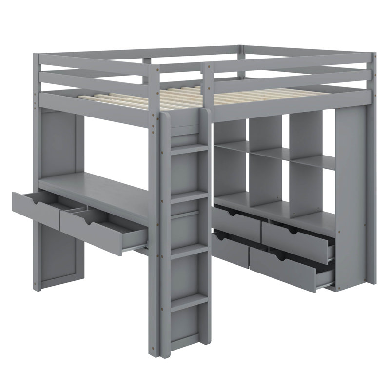 Jeneya Full Size Loft Bed with Large Shelves, Writing Desk and LED Light, Gray