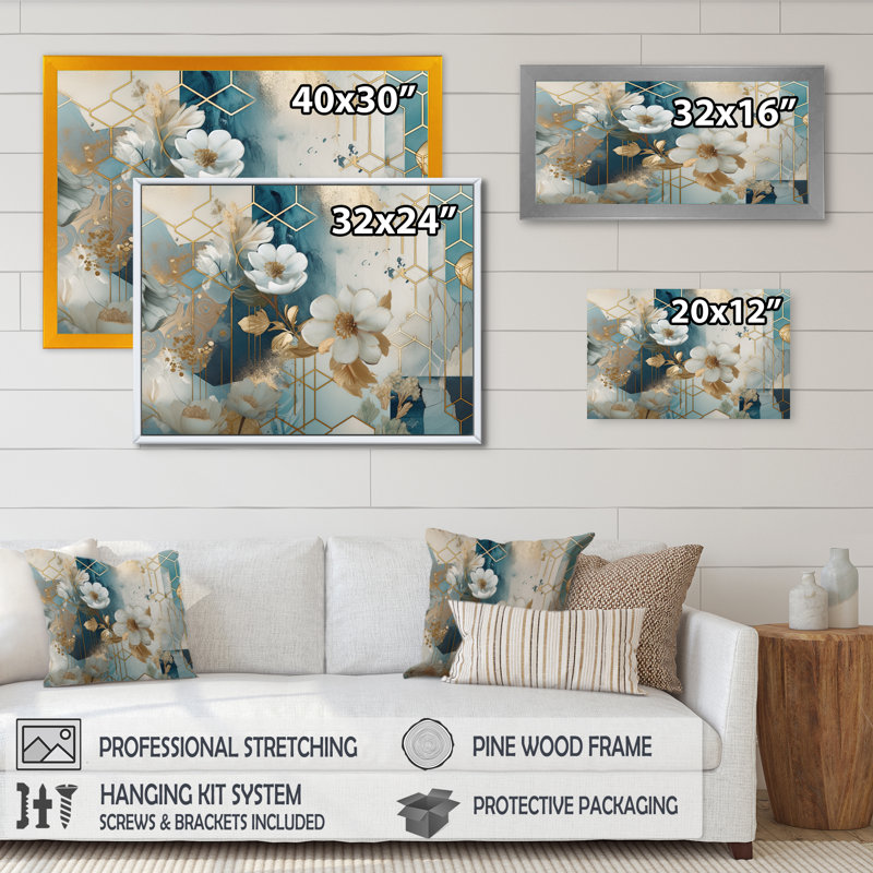 Marbre doré bleu, motif floral I - impression, H 30 po x l 40 po x P 1,5 po, Encadrement doré