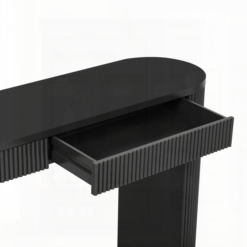 Table d'entrée avec grand plateau et deux tiroirs, console avec pieds robustes arqués et rayures pour une utilisation polyvalente