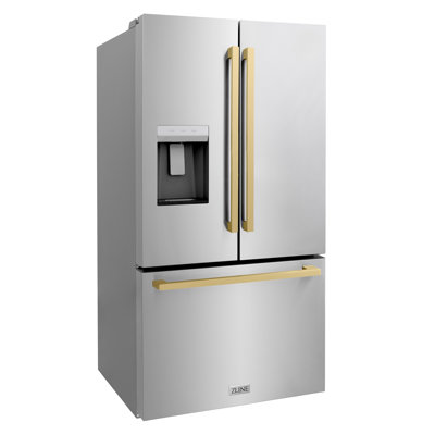 ZLINE Autograph Edition French Door Refrigerator with Ice Dispenser in Black Stainless Steel and Square Bronze Handles