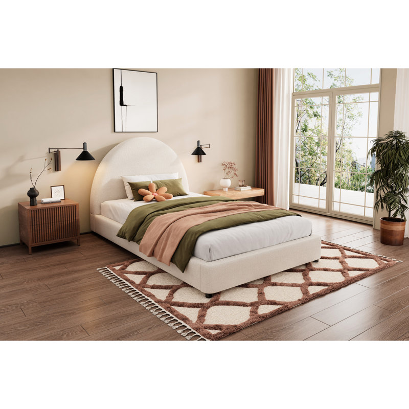 Lit simple tapissier blanc Boucle, tête de lit ronde incurvée pour l'élégance de la chambre à coucher, cadre de lit sans sommier requis avec tête, confort et style épais de 3,8 pouces, assemblage rapide