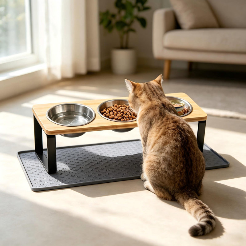 Gamelle triple en acier inoxydable avec support en bambou et tapis antidérapant en silicone pour chats et petits chiens