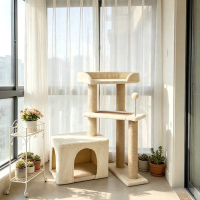Cet appartement pour chat beige de 31 pouces dispose d'une tour d'observation intégrée, permettant à votre chat de profiter de la vue d'un point de vue élevé tout en restant à la maison.