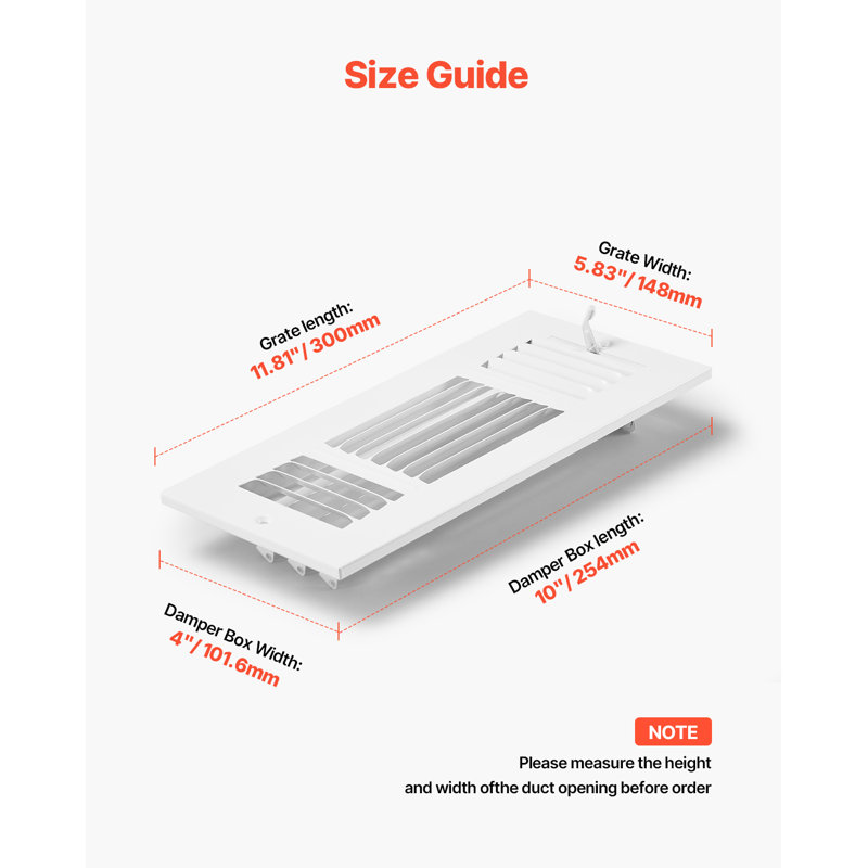 Grilles de ventilation au sol 4 x 10 pouces, lot de 6, grilles de ventilation en fer à 3 directions pour murs et plafonds de maison/bureau, déflecteur d'air antirouille et anti-écaillage réglable avec registre métallique, blanc