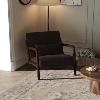 Sherpa Accent Chair with Lumbar Pillow, Solid Wood Mid-Century Modern Reading Chair