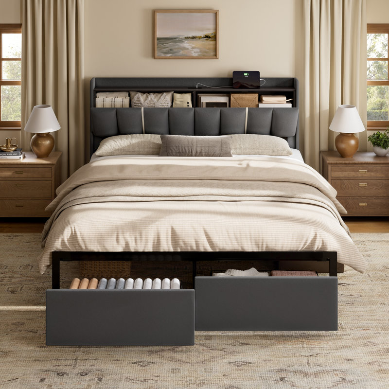 Upholstered Queen Bed with 2 Drawers and Open Storage Headboard，Platform Bed with Charging Station, No Spring Boxing Needed, Gray