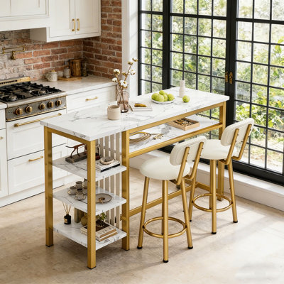 Ensemble table et chaises de salle à manger 3 pièces pour 2 personnes, ensemble table de bar moderne avec 2 tabourets de bar pour appartement, ensemble table de cuisine gain de place avec étagère à 3 niveaux pour petits espaces, blanc et or