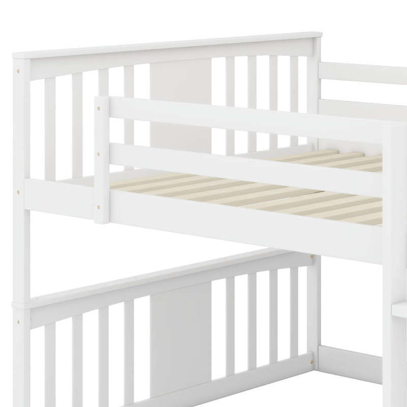 Full Over Full Bunk Bed With Ladder - Sturdy Wood Frame & Safety Guardrails, White