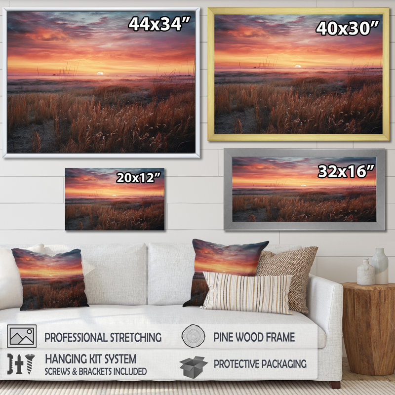 Prairies tranquilles au lever du soleil I, H 16 po x l 32 po x P 1 po, Cadre simple argenté
