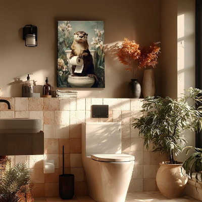 Otter Holding Toilet Paper Vintage Floral Theme, Unframed Wall Art, 16 X 20