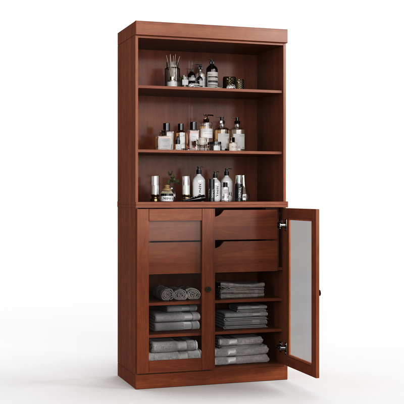 Armoire de salle de bain autoportante 100% bois massif 32 po avec portes en verre transparent, 2 tiroirs et tablettes réglables - Rangement de salle de bain moderne