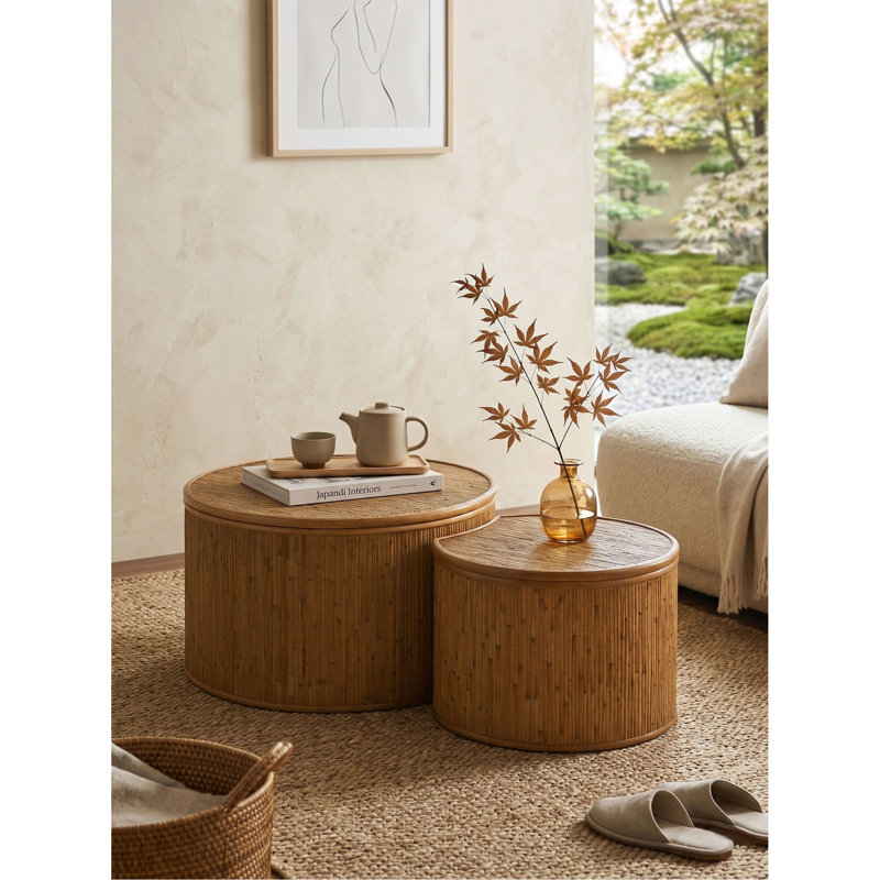 Ensemble de 2 tables basses 43,9 "rétro en rotin avec fonction de rangement, pour salle à manger, cuisine et salon, ensemble de 2