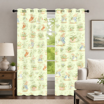 2Pcs Cute Rabbit and Potted Plant Printed Curtains, Pastoral Style Animal Pattern Window Panel, Watercolor Garden Motif Grommet Drapes, Window Treatment for Nursery Bedroom Living Room Decor