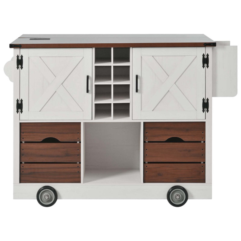 54" Farmhouse Kitchen Island With Drop Leaf, Power Outlet, Kitchen Storage Cart With 2 Doors, White