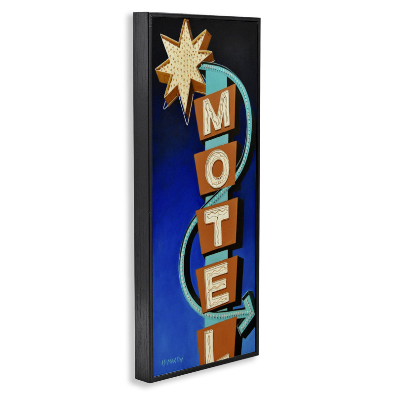 Giclée encadrée d'un hôtel rétro, design par Heidi Martin, H 30 po x l 13 po, Giclée encadrée noir minuit
