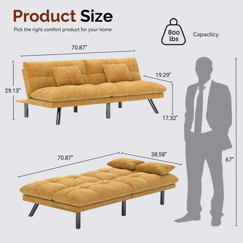 Futon Sofa Bed Convertible 70 Inch Solid Wood Couch For Living Room, Chenille Fabric, 2 Cushions, Orange