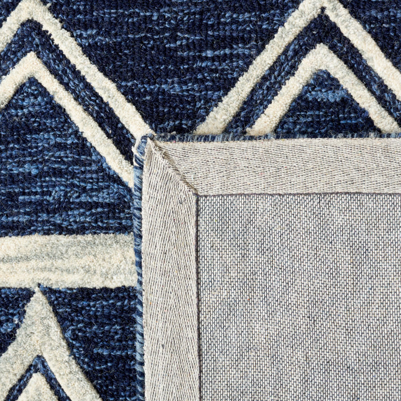 Ivory and Navy Tufted Wool Abstract Square Rug