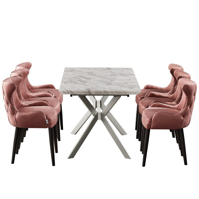 Ricky 6 Person Dining set - a Rectangular Wooden Dining Table with Metal Legs and a Set of 6 Quilted Velvet Dining Chairs for Dining Room - Modern Dining Table Set
