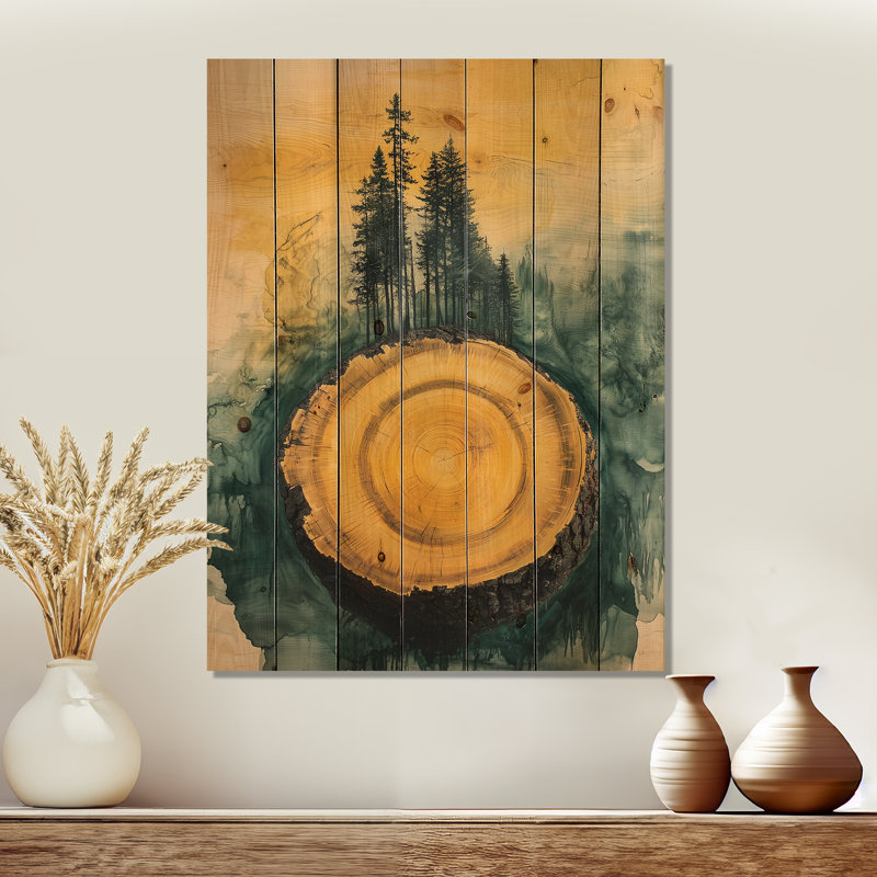 Emerald River Into The Pine Wood Forest I - Forest Wood Wall Decor - On Natural Pine Wood, 44" H x 34" W x 0.78" D