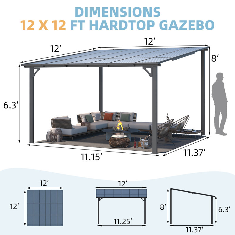 Aluminum Pergola with Canopy, 12 ft x 12 ft, Black