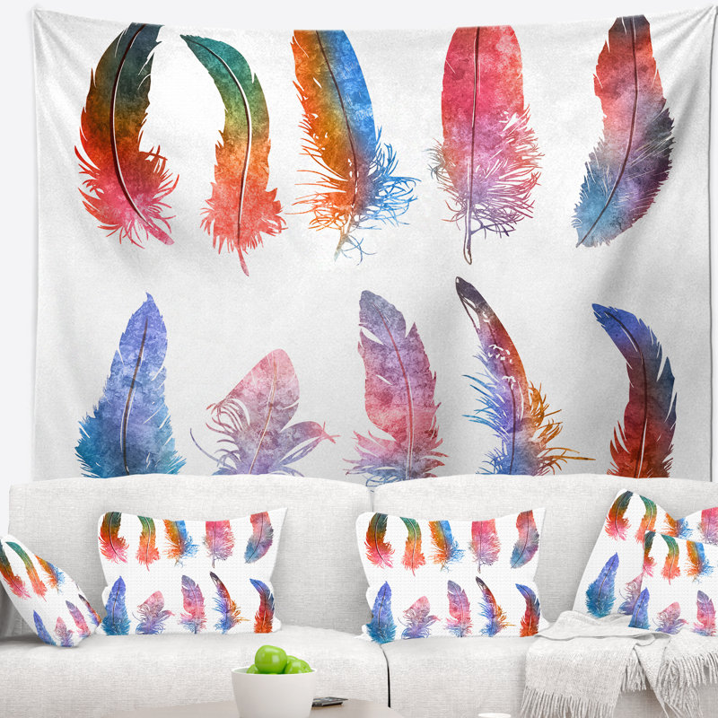 Tapisserie de plumes d'arc-en-ciel Floral, H 50 po x l 60 po