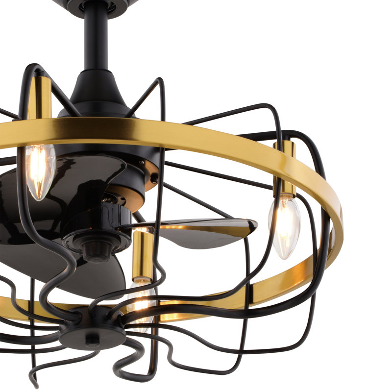 Juliet 21 in. Black and Satin Brass Indoor Rod Mount Contemporary Fandelier Ceiling Fan with Black Blades, Dimmable LED Light Kit and Remote Control Included, 3 Speeds, Metal Wire Cage Shade