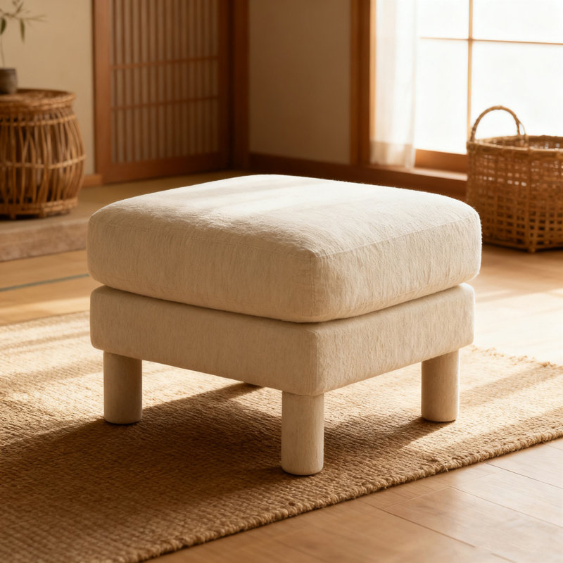 Polyester Ottoman With Four Sturdy Legs, Beige