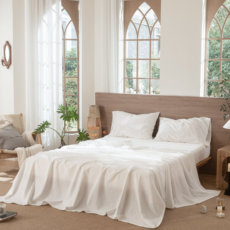 Drap plat 100% coton lavé MooMee, Drap plat de taille très grand, Blanc cassé