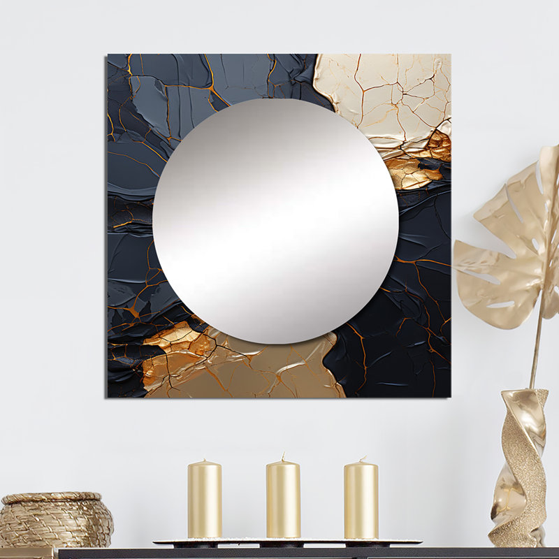 Guiliano - Minimalism Chrome Gold And Black Poteries II Abstract Spirals Square Mirror For Wall Art Decor, 23" x 23"