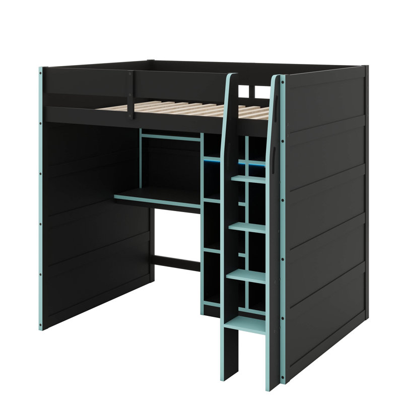 Lit mezzanine de jeu complet complet avec bureau, plusieurs supports de rangement et des lits à DEL personnalisables, lit mezzanine de jeu en bois avec armoire de rangement et échelle d'accès