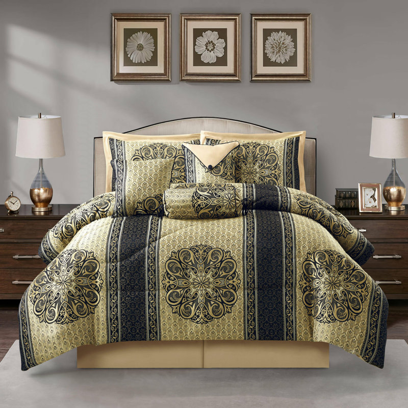 Myhand Microfiber 7 Piece Comforter Set, Queen Comforter + 6 Additional Pieces, Navy/Gold