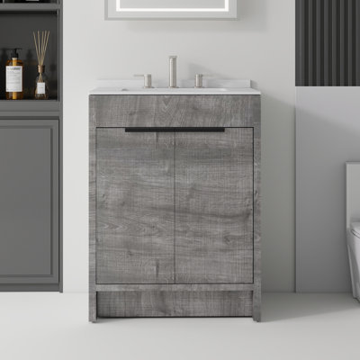 24" Freestanding Bathroom Vanity with Ceramic Sink, Plywood Cabinet, Soft Close Doors, 0.6" Carrara White Cultured Marble Countertop & Backsplash, Grey