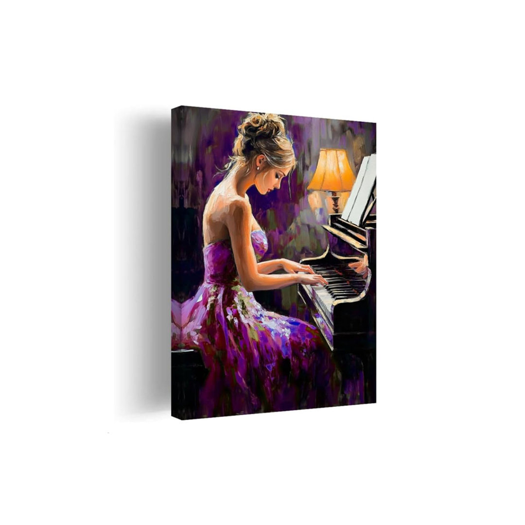 Black Girl Wall Art Female Playing Piano Pictures Black Woman Music Canvas Prints African American Paintings Music Club Decor Framed(Purple,16L x 20W)