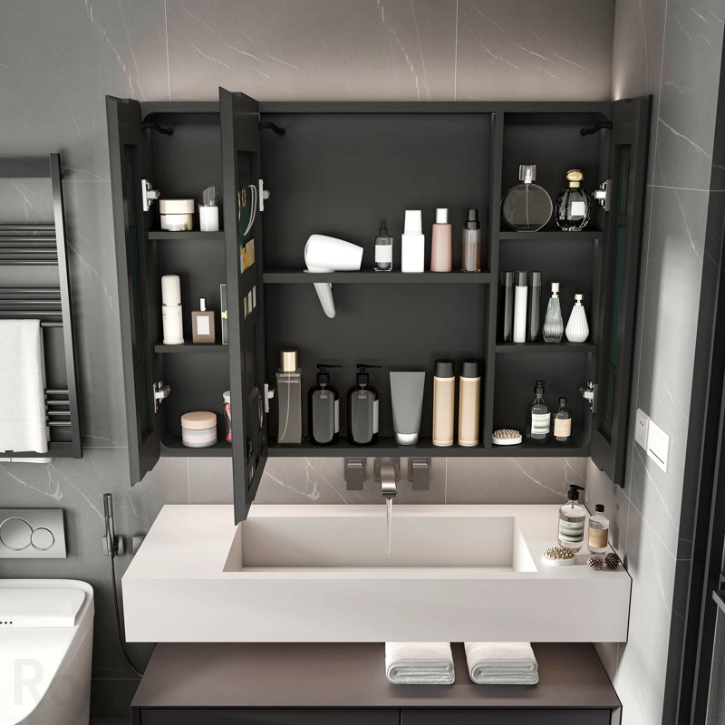 Armoire à pharmacie en aluminium avec miroir, armoire à pharmacie 35 x 28 pouces avec éclairage à DEL 3 couleurs et fonction de désembuage, armoire de salle de bain avec support de rangement pour cosmétiques et support pour sèche-cheveux, gris