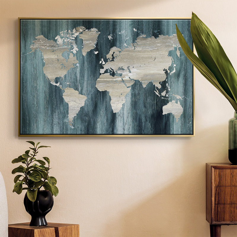 Carte du monde marine imprimée sur toile, Noyer, H 17 po x l 25 po x P 2 po