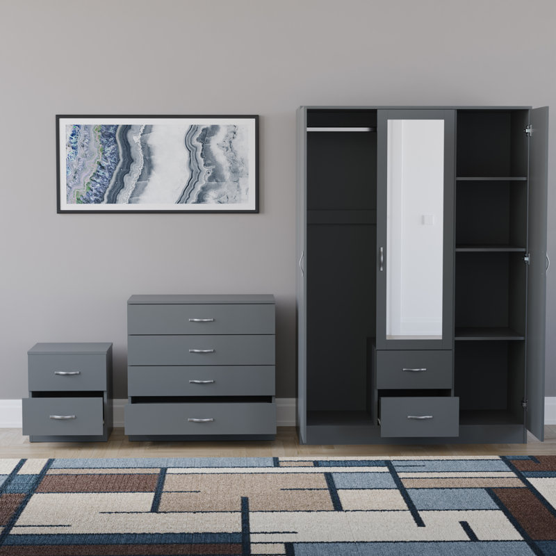 Maybery 3 Piece Bedroom Set (2 Drawer Bedside Chest, 4 Drawer Chest, 3 Door 2 Drawer Mirrored Wardrobe), (5), Grey