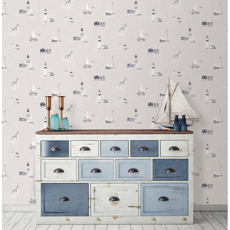 Deauville 2 Nautical Lighthouse and Sailboats 33' L x 21" W Smooth Wallpaper Roll, Gray/Sky Blue/White